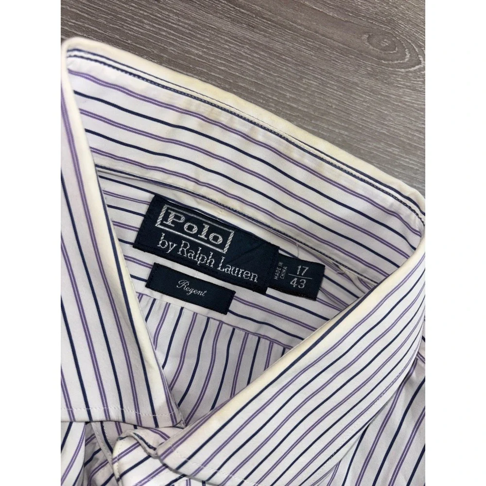 Polo Ralph Lauren Regent Dress Shirt Mens 17 43 Striped Purple Blue‎ Cotton READ